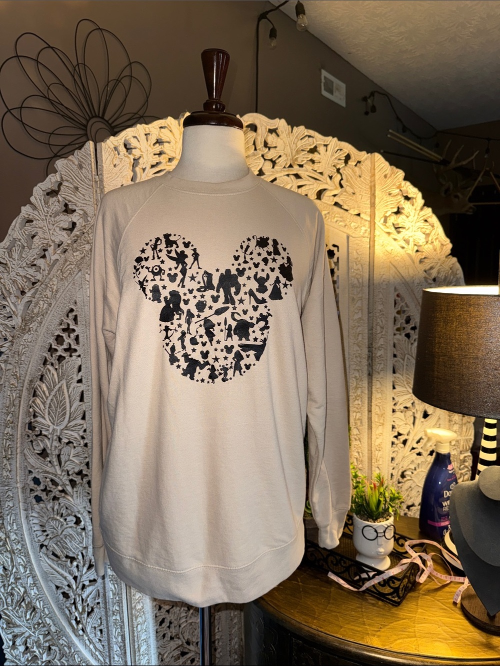 Disney Women’s Tan Crewneck Sweatshirt with Black Character Mickey Graphic